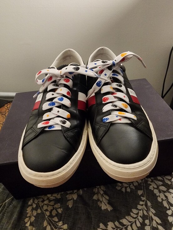 Authentic Moncler Black Leather Sneakers with Red and White Stripe. main image 8